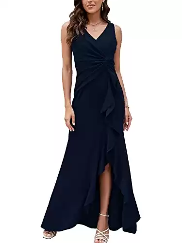 FQA Formal Evening Dresses for Women Elegant Dresses for Women Evening Party Floor Length Navy Blue Prom Dress Long Sexy V Neck Sleeveless Split Wrap