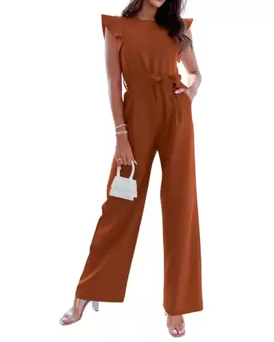 BTFBM Women Jumpsuits Crew Neck Ruffle Cap Sleeve Belted High Waist Wide Leg Romper with Pockets One Piece Casual Outfits(Solid Rust Red, XX-Large)