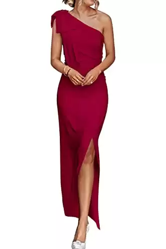 PRETTYGARDEN Women's Summer One Shoulder Long Formal Dresses Sleeveless Ruched Bodycon Wedding Guest Slit Maxi Dress (Wine Red,Large)