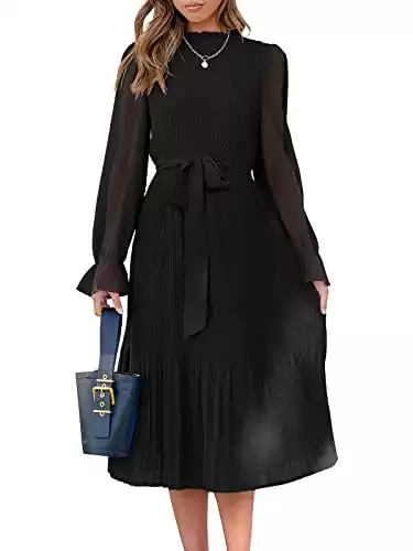 ANRABESS Women's Floral Midi Dress Puff Long Sleeve Casual Ruffle Chiffon A-Line Swing Pleated Belted Tea Party Dresses Black Medium