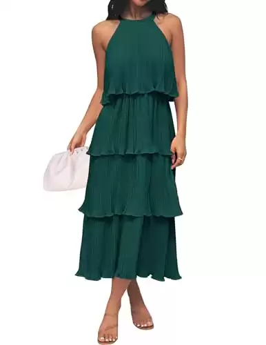 ZESICA Women's 2024 Summer Sleeveless Halter Neck Ruffle Tiered Layed Chiffon Flowy Swing Long Midi Dress,DarkGreen,Large