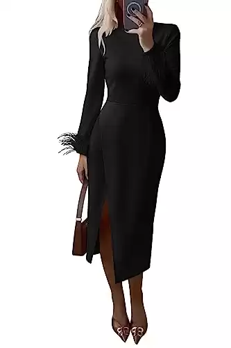 Women's Long Sleeve Dress Formal Midi Bodycon Wrap Slit