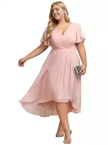 Ever-Pretty A Line Ruched V Neck Chiffon Short Sleeves Knee Length Plus Size Wedding Guest Dresses for Curvy Women Pink US24