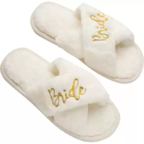 Bride Slippers - Bride Gifts for Bridal Shower, Bachelorette Party, Engagement Party, Wedding Day, etc. - Cozy White Fur Slippers with Gold Embroidery for Bride to Be (Medium)