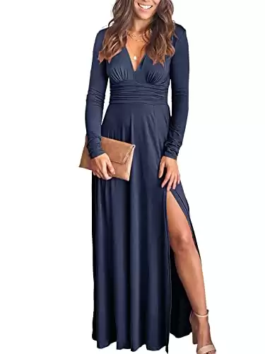 ANRABESS Women Deep V Neck Long Sleeve Slit 2024 Fall Elegant Formal Wedding Guest Cocktail Evening Date Prom Maxi Long Dress Navy Blue Large