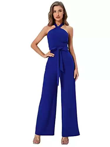 WDIRARA Women's Sleeveless Halter Tied Backless High Waist Belted Wide Leg Pants Elegant Jumpsuit Rompers Blue XL