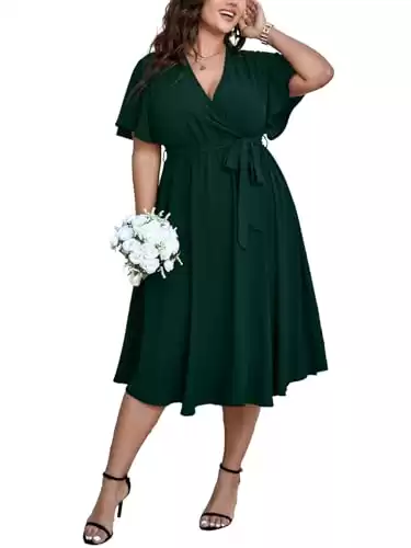 SCOMCHIC Womens Plus Size Wedding Guest Cocktail Midi Dress Summer Short Sleeve Wrap V Neck Belted A-Line Flowy Dress