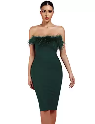 whoinshop Women's Sexy Off Shoulder Feather Bandage Evening Club Party Dress Green