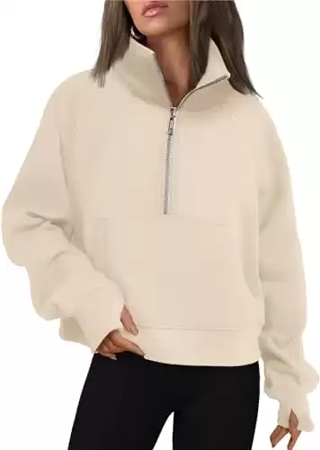 LNKQA Women's Hooded Sweatshirts Half Zipper Crop Pullover Hoodie Fleece Lined Collar Zip Up Hoodies Cropped Long Sleeve Tops?Beige,Small?