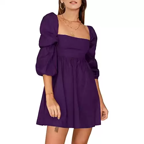 EXLURA Womens 2024 Casual Long Puff Sleeve Dress A-Line Square Neck Short Mini Dress Dark Purple