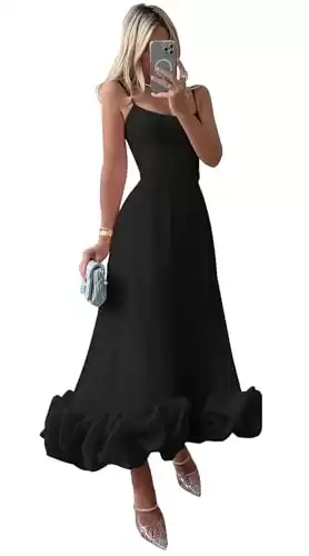 WOIDOCE Fashion Prom Dresses 3D Trimmed Flounce Ruffle A-line Strap Midi Dress for Formal Evening Black US12