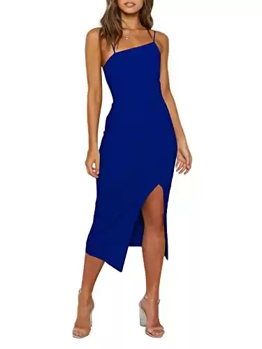 LYANER Women's Spaghetti Straps Split Slit Hem Sleeveless Zipper Bodycon Midi Dress Royal Blue Large