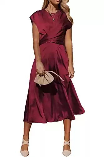 PRETTYGARDEN Women's 2024 Summer Satin Midi Dress Cap Sleeve Tie Waist Elegant A-Line Flowy Dresses (Wine Red,Large)