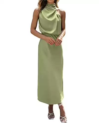 BTFBM Women's Sleeveless Cocktail Dresses Mock Neck Keyhole Elastic High Waist Wedding Guest Evening Party Maxi Dress(Solid Tender Green, Medium)