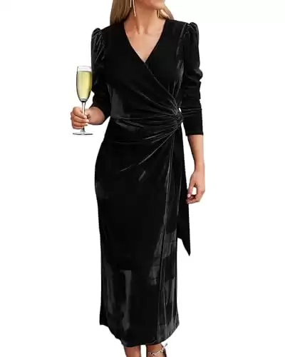 Women's Velvet Dress V Neck Wrap Maxi Dress Long Sleeve Formal Dress Tie Waist Ruched Cocktail Party Dress Black