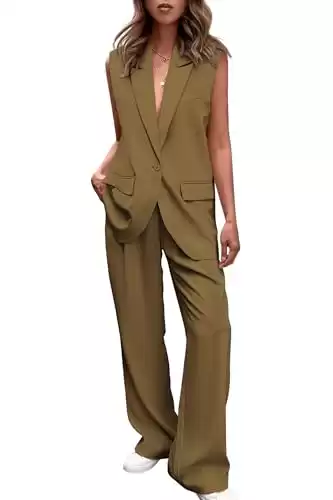 Women's 2 Piece Outfits Button Up Sleeveless V Neck Vest Jacket and Long Pants Suit Sets