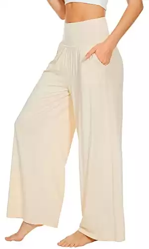 WiWi Viscose from Bamboo Pajama Pants for Women Wide Leg Palazzo Lounge Sweatpants Casual Loose Bottoms with Pockets S-XXL, Light Beige, Small