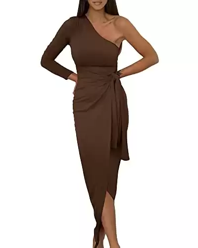 BTFBM Women Elegant Long Sleeve One Shoulder Cocktail Dress Bodycon Ruched Tie Waist Wrap Dress Solid Color Midi Party Dress(Solid Coffee,Small)