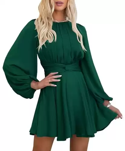 MITILLY Women's Elegant Satin Long Sleeve Round Neck Wrap Tie Waist Flowy Cocktail Party Mini Dress Medium Dark Green