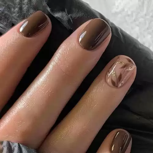 Short Press on Nails Coffee-Brown Square Fake Nails Gold Foil Leaves Designs Acrylic Nails Glossy Light Coffee Fall Nails Minimalist Style Glue on Nails Short Nails for Women Girls Autumn Nails