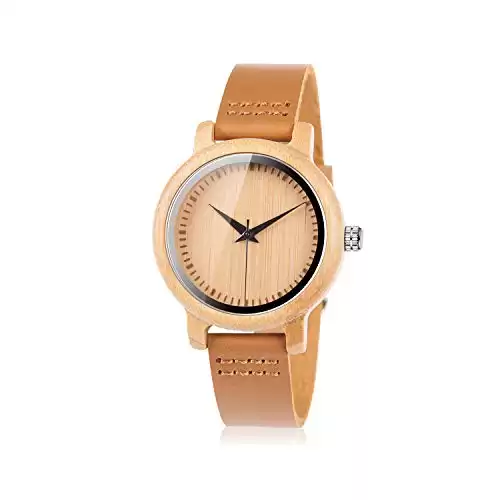 Women's Bamboo Wooden Watch with Brown Cowhide Leather Strap