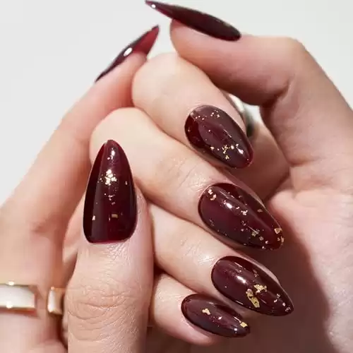 GLAMERMAID Burgundy Press on Nails Medium Almond- Handmade Jelly Gel Gold Foil Flakes Fake Nails Short, Deep Dark Red Stiletto Stick Glue on Nails Set, Glossy Reusable Acrylic False Nail Kit for Women