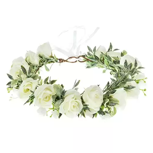 Funsveta Floral Headpiece Garland Halo Maternity Photo Shoot Flower Crown Eucalyptus Leave Headband Wedding Headpiece (Green Leaf and White)