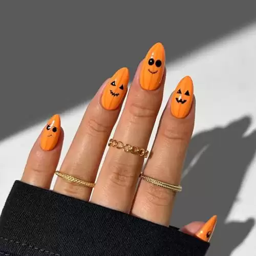 Halloween Pumpkin Press on Nails Medium Acrylic Almond Shaped Fake Nails Yellow Glossy False Nails Design Fall Full Cover Glue on Nails Halloween Cute Artificial Nails for Women Nail Art 24 Pcs