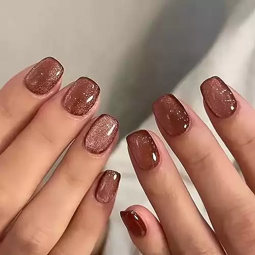 MISUD Fall Press on Nails Short Square Fake Nails Glossy Glue on Nails Bling Cat Eye Design Acrylic Nails Squoval Autumn Arificial Nails Brown Glitter Chrome Stick on False Nails 24 pcs