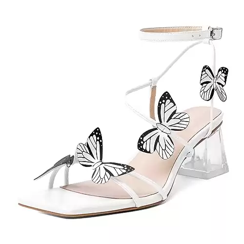 Zamikoo Women's Butterfly Heels, Open Toe Ankle Strap Block Heel Sandals, Square Toe Strappy Chunky Low Clear Heeled Sandals Matte White 2 Inches US Size 9