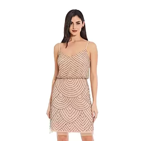 Adrianna Papell Women s Spaghetti Strap Beaded Short Dress, Taupe/Pink, 14