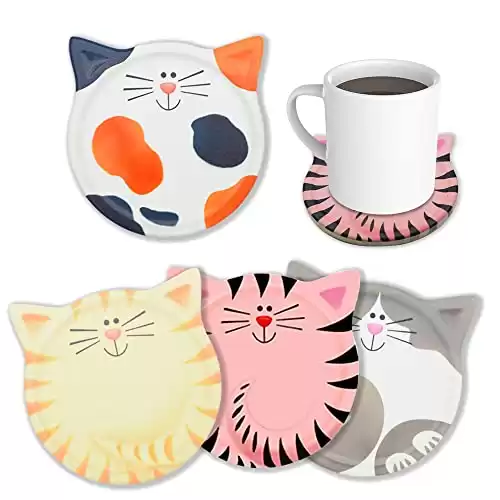 Funny Coasters for Drinks Absorbent, Cat Shaped Ceramic Coasters Set of 4, Unique Gift Ideas for Cat Lovers, Bar Dining Table Decor Housewarming Birthday Gift - 4.25''