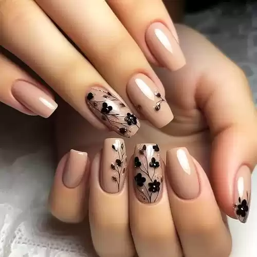 Fall Flower Press on Nails Medium Length Square Shape Fake Nails with Glossy Black Flowers Acrylic Nails Stick on Nails Full Cover Solid Color False Nails for Women Girls Nail Art Supplies 24Pcs