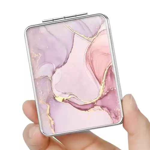 dcdcee Pocket Mirror, Small Travel Mirror with Magnification, Portable Double-Sided Magnifying Cosmetic Mirror for Daily (Pink Marble)