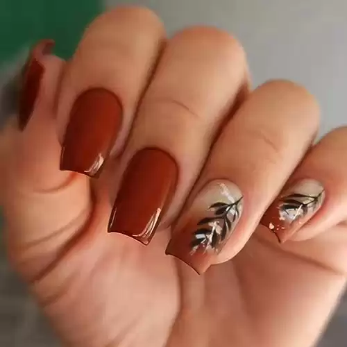 24 Pcs Fall Press on Nails Square False Nails Brown Fake Nails with Gold Foil Leaf Designs Autumn Acrylic Nails Medium Length Stick on Nails Glossy Glue on Nails Reusable Artificial Nails for Women