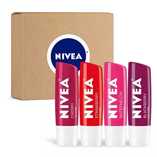 NIVEA Lip Care, Fruity Tinted Lip Balm Variety Pack, Includes Cherry, Strawberry, Blackberry and Watermelon Scents, 0.17 Oz, Pack of 4