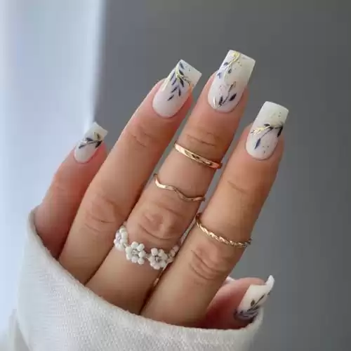 Gold Blue Leaves Press on Nails Medium Square Fake Nails Spring Summer White Matte False Nails Gold Foil Design Acrylic Nails Glossy Artificial Fingernails Spring Stick on Nails for Women 24Pcs