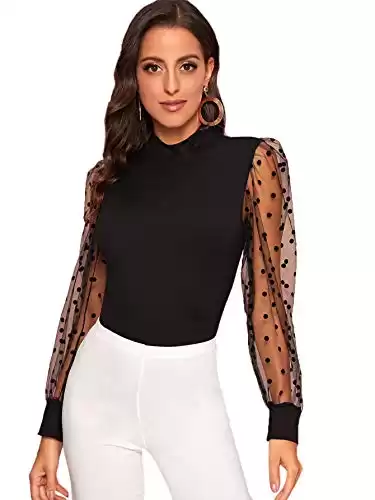 Sheer Mesh Polka Dots Long Sleeve Slim Fit Top Blouse