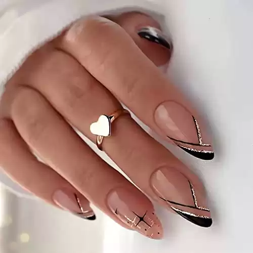 24 Pcs Black French Tip Press on Nails Medium Almond Fake Nails with Star Glitter Design False Nails Nude Pink Full Cover Glue on Nails Acrylic Artificial Nails Decorations for Women Girls