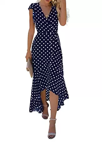 GRECERELLE Women's Summer Floral Print Cross V Neck Dress Bohemian Flowy Long Maxi Dress PD-Navy Blue-Large