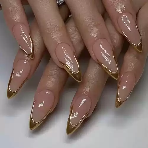 MISUD Press on Nails Medium Almond Fake Nails Glossy Glue on Nails 3D Gold Chrome Acrylic Nails Stiletto Artificial Nails French Tip Stick on False Nails with Design 24 pcs