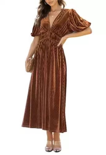 Sissyaki Women's Velvet Dress Formal Dresses for Wedding Guest 2024 Fall Dress Caramel L