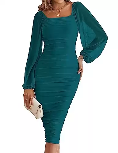 MEROKEETY Womens Elegant Long Balloon Sleeve Square Neck Ruched Bodycon Solid Clubwear Party Dress,Teal,L