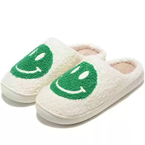 Retro Fuzzy Face Slippers for Women Men, Retro Soft Fluffy Warm Home Non-Slip Couple Style Casual Smile Face Slippers Indoor Outdoor Anti-Skid Warm Cozy Foam Slide Fuzzy Slides with Soft Memory Foam