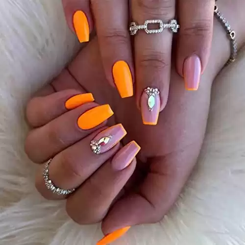 Foccna Press on Nails Medium, Fake Nails Coffin Acrylic False Orange Nails,Artificial Rhinestone Nails for Women and Girls 24 pcs