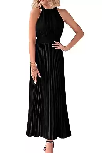 PRETTYGARDEN Women's Long Sun Dresses Sleeveless Halter Neck Flowy Pleated Maxi Cocktail Party Dresss (Black,Large)