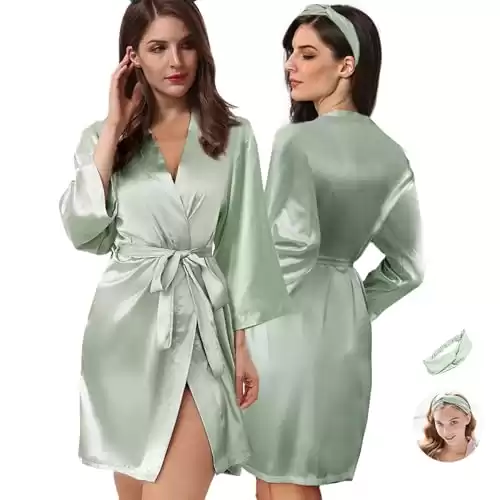 WJing Yi Jia 2Pcs Womens Floral Kimono Robe Silk Robes Bride Bridesmaid Satin Robes Bridal Dressing Gown Silky Bathrobe