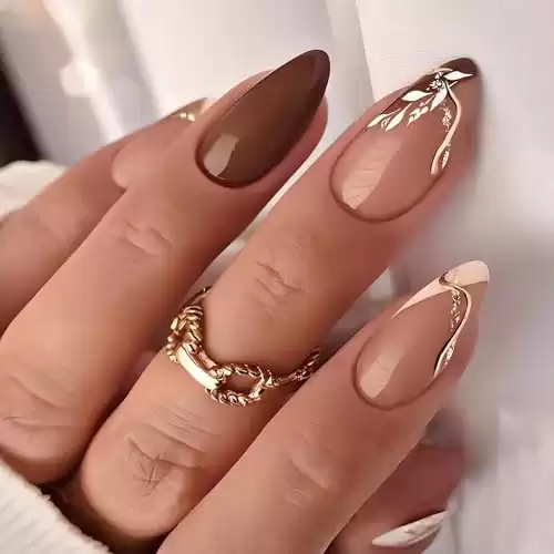 MISUD Fall Press on Nails Medium Almond Fake Nails Glossy Glue on Stiletto Nails Brown White French Tip Acrylic Nails Autumn Leaf Artificial Nails Bling Glitter Line False Nails with Design 24 pcs