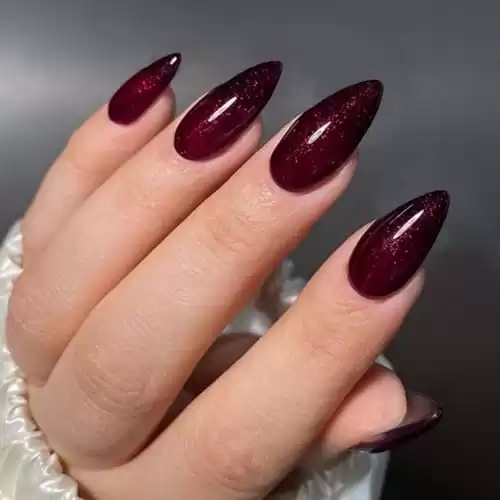 GLAMERMAID Red Press on Nails Medium Almond, Halloween Handmade Shimmer Burgundy Jelly Gel Glue on Nails, Stiletto Acrylic False Nails Kit Reusable UV Finish Full Cover Stick on Nails for Women Gift