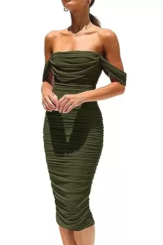 PRETTYGARDEN Women's Summer Off The Shoulder Ruched Bodycon Dresses Sleeveless Fitted Party Club Midi Dress (Army Green,Small)